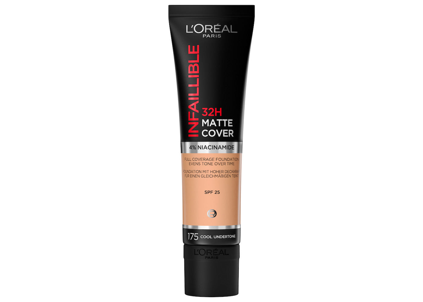 L'Oréal Paris, Infallible 32h Matte Cover, Base de maquillaje mate alta cobertura larga duración con skincare 4% Niacinamida, Anti-Imperfecciones, Tono 175 Cool, 30ml