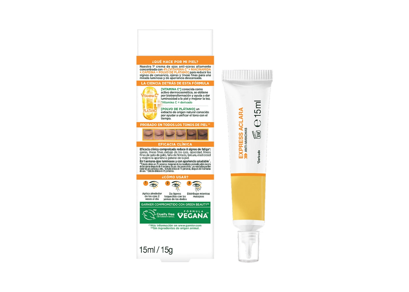 Garnier Express Aclara Crema de Ojos para Reducción Ojeras con Vitamina C + Niacinamida + CafeÃna, 15 ml