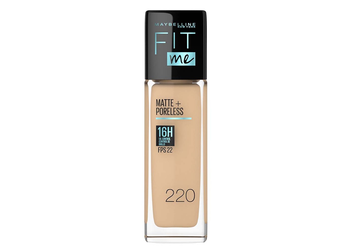 MAYBELLINE Base de Maquillaje Fit Me Matte + Poreless, Natural Beige 220, 30 ml, matifica y controla el brillo, se adapta al tono y la textura de la piel, tiene FPS 22, piel sin poros