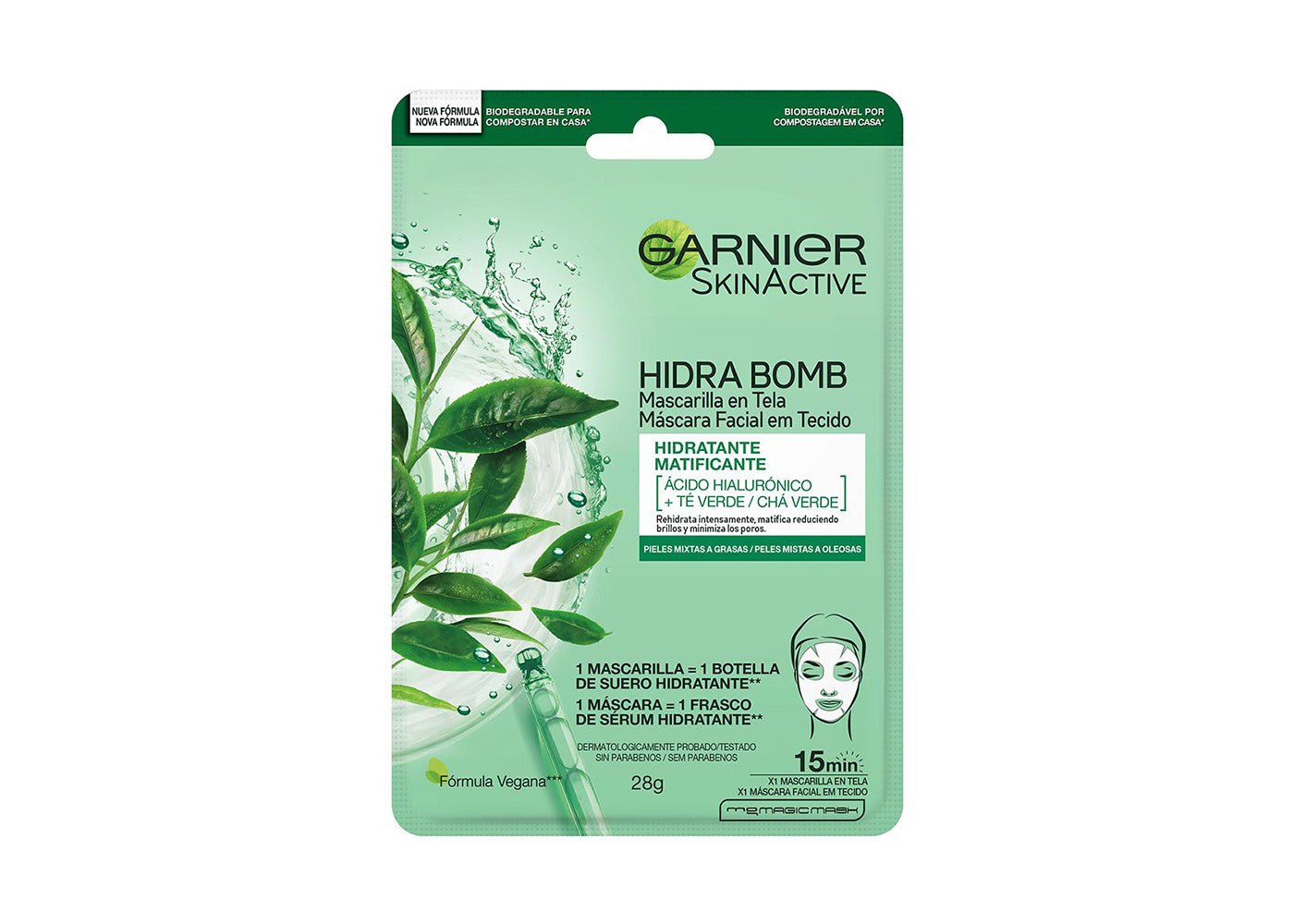 Garnier Skin Active Garnier skin active hidra bomb mascarilla facial en tela hidratante matificante con te verde acido hialuronico de origen natural 1 pieza