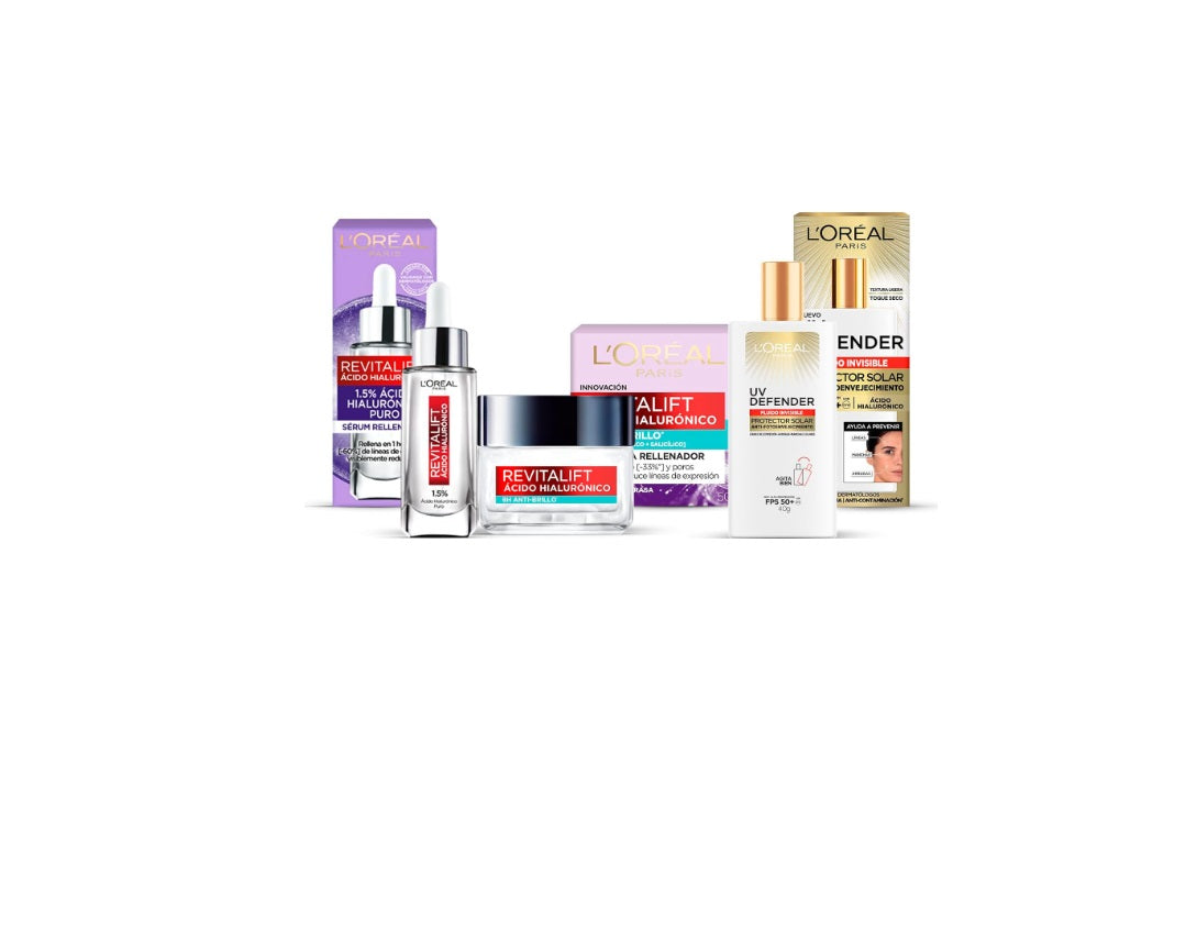 L'OrÃ©al Paris Kit de Ãcido HialurÃ³nico con sÃ©rum + crema en gel + Protector solar UV Defender anti-brillo