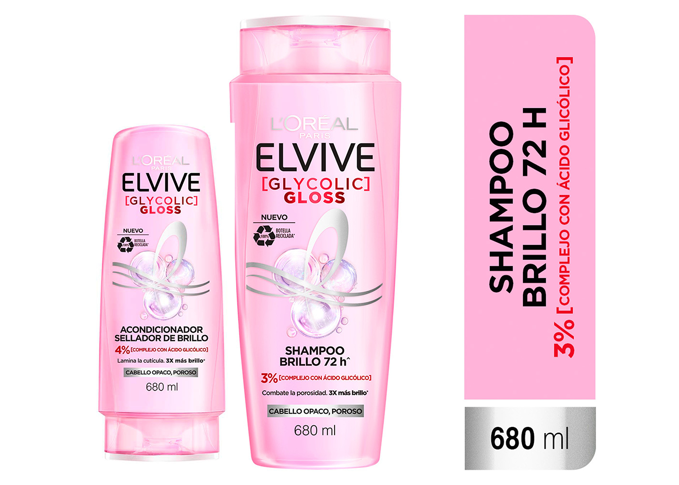 L'Oreal Paris Shampoo + Acondicionador, Glycolic Gloss Elvive, 680 ml